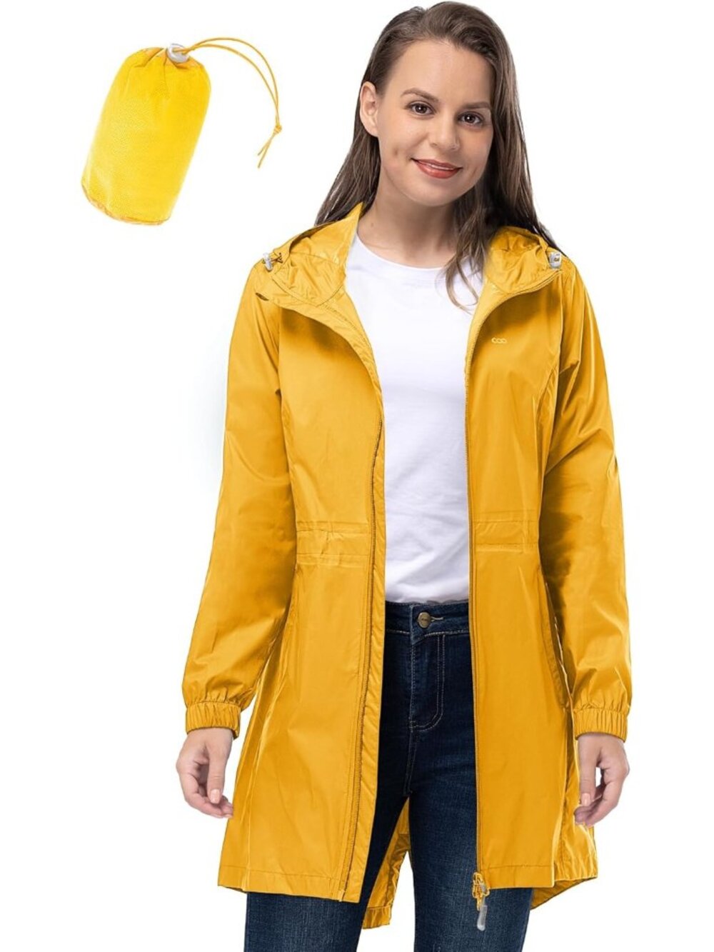 Women's Waterproof Long Packable Rain Jacket Amber Gold with Hood Trench Coats